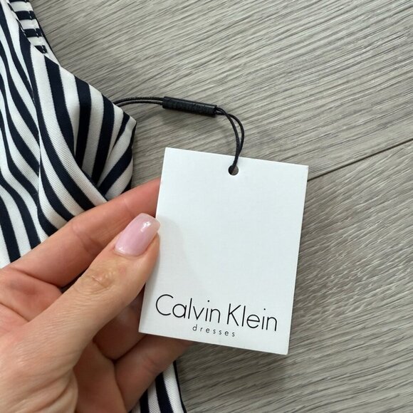 Calvin Klein Striped Navy and White Sleeveless Midi Career Office Dress - Picture 6 of 11